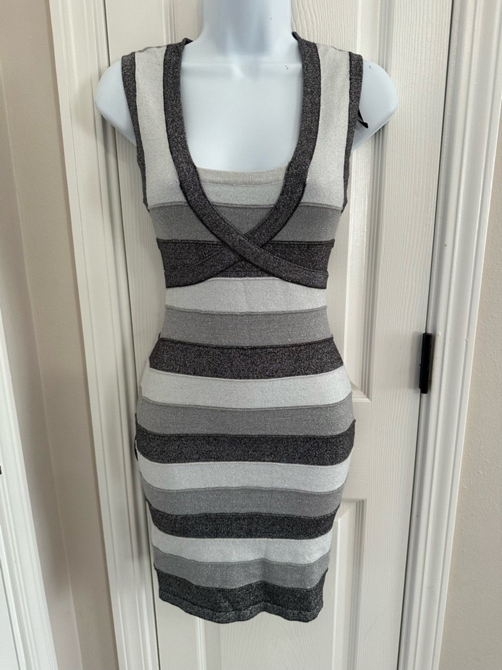 G by Guess Gray and White Striped Sleeveless Bodycon Dress
